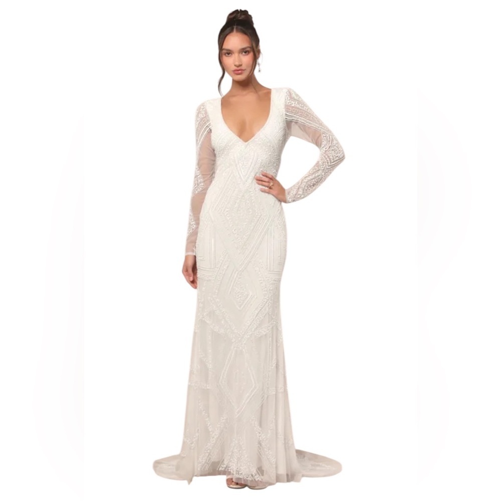 Lulus Deedra White Sequin Beaded Backless Maxi Dress Luxe‎ Bridal Size Medium